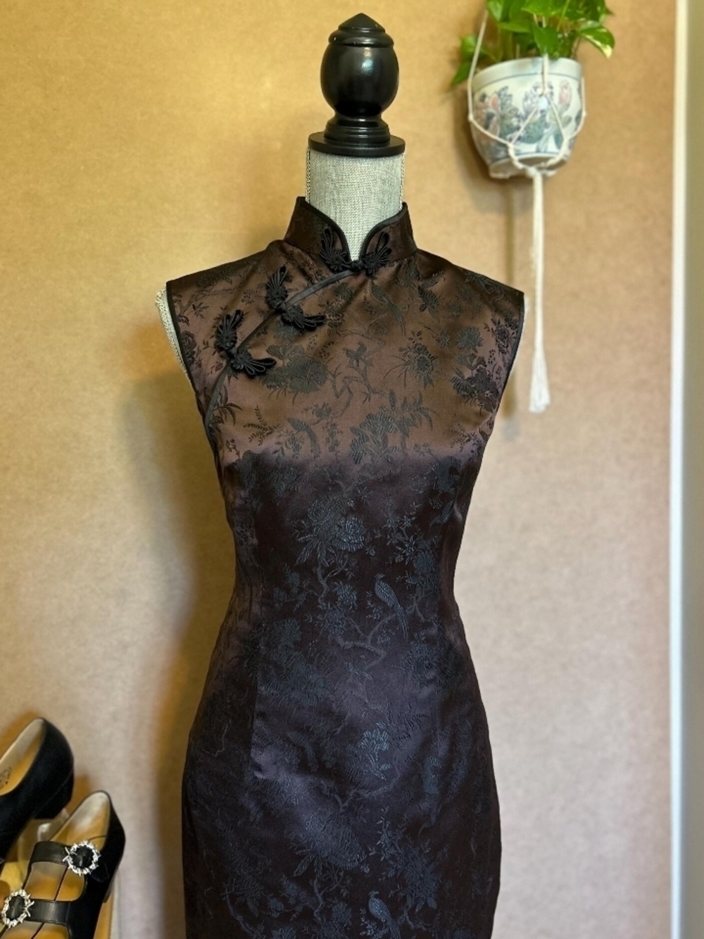 Vintage 90s Cheongsam - brown floral satin
